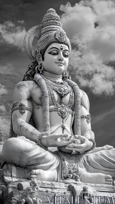 Sky-throned stone deity in tranquil monochrome majesty.