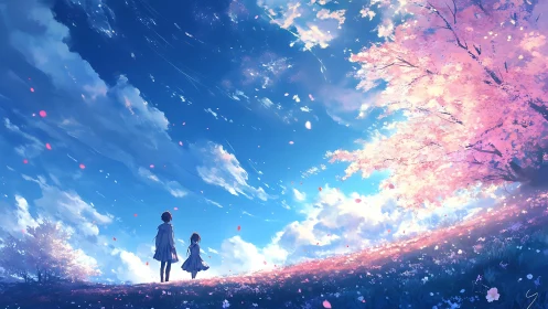 Two children under pink blossoms on bright spring hill.