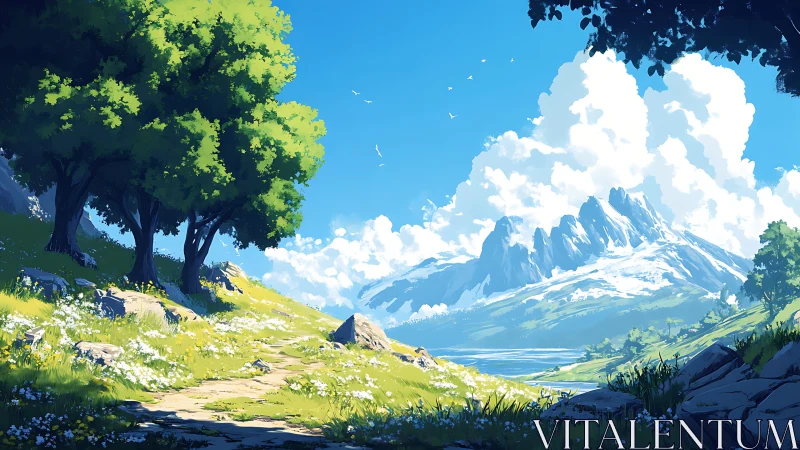 Sunlit alpine meadow path framed by stylized snow‑capped peaks