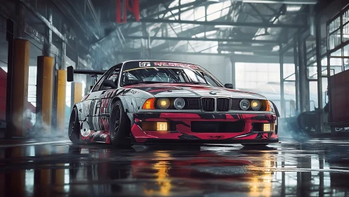 BMW E36 drift car dominates smoky industrial garage scene.
