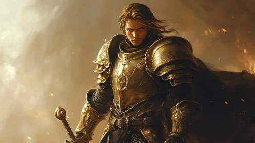 Golden armored knight in cinematic warm backlit battle haze