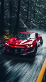 Red performance coupe powers through wet forest highway.