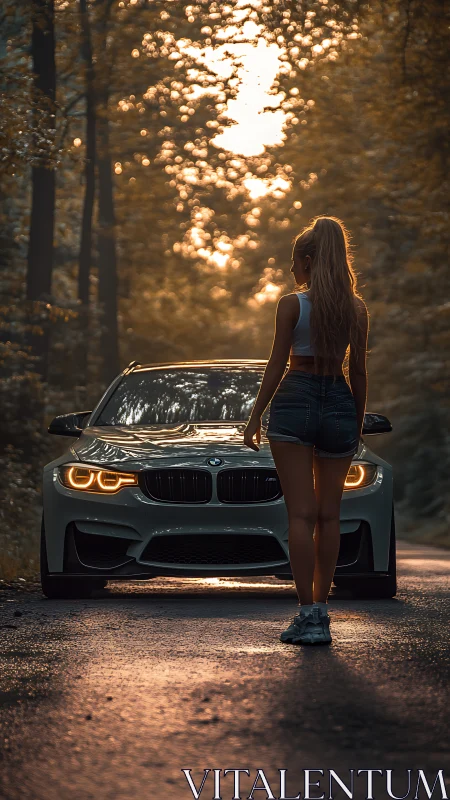 Cinematic backlit woman and sports sedan in forest corridor.