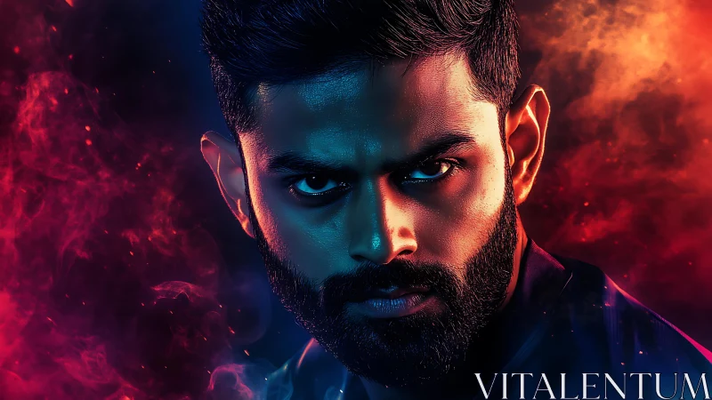 Dual-flame gaze ignites in neon storm of blue and ember.