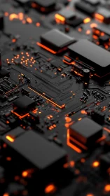 Black circuit board with orange illuminated pathways and chips.