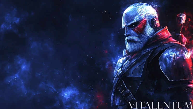 Stoic space warrior gazes into a glowing cosmic battlefield