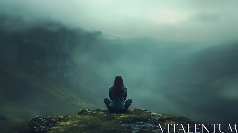Solitary figure on cliff above fog covered mountain valley.