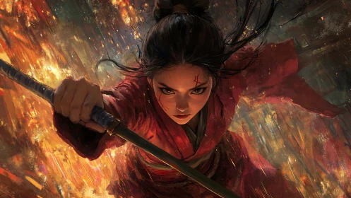 Fierce warrior in red cutting through a storm of burning light.