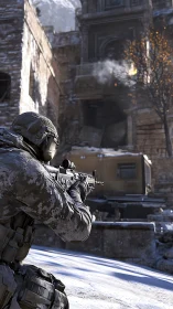 Tactical sniper advances through frozen urban combat zone.
