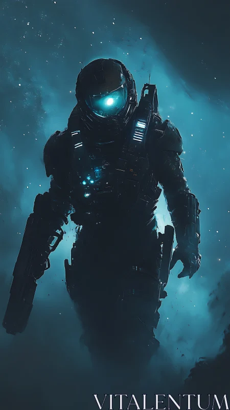 Armored space soldier advances through glowing nebula haze.