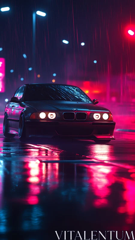 Neon city rain welcomes a sleek black car with glowing lights