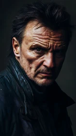 Weathered vigilante in shadowed leather stares down fate.