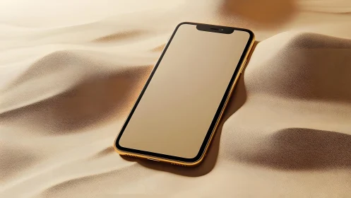 Modern smartphone with gold edges on smooth sand, realistic style.