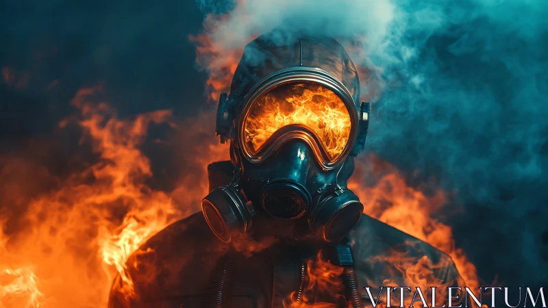 Inferno Sentinel: Fire-Eyed Guardian in Apocalyptic Haze.