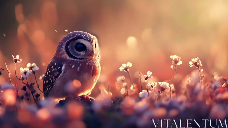 Baby owl sitting among wildflowers in dreamy, soft-focus light.
