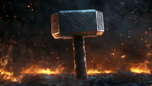 Mighty forged hammer stands proud above glowing molten ground