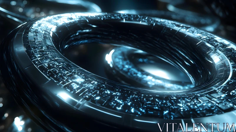Futuristic metallic torus with glowing digital patterns in blue light.