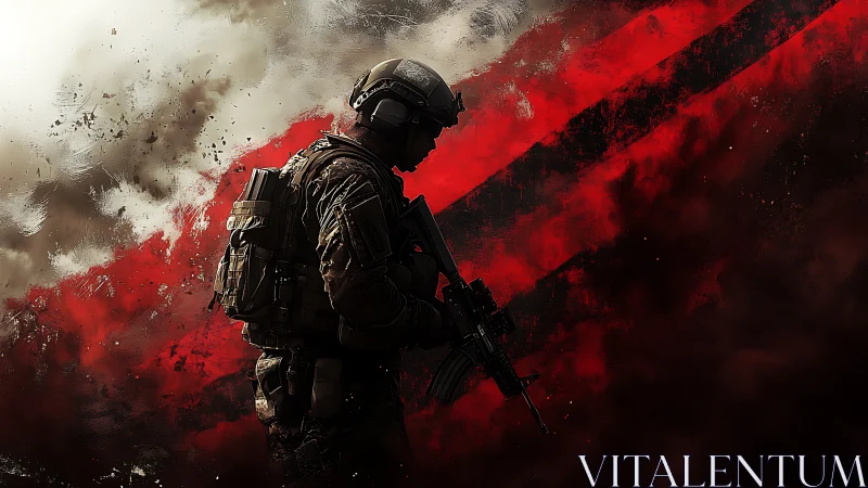 Combat soldier silhouette against red smoke battlefield.