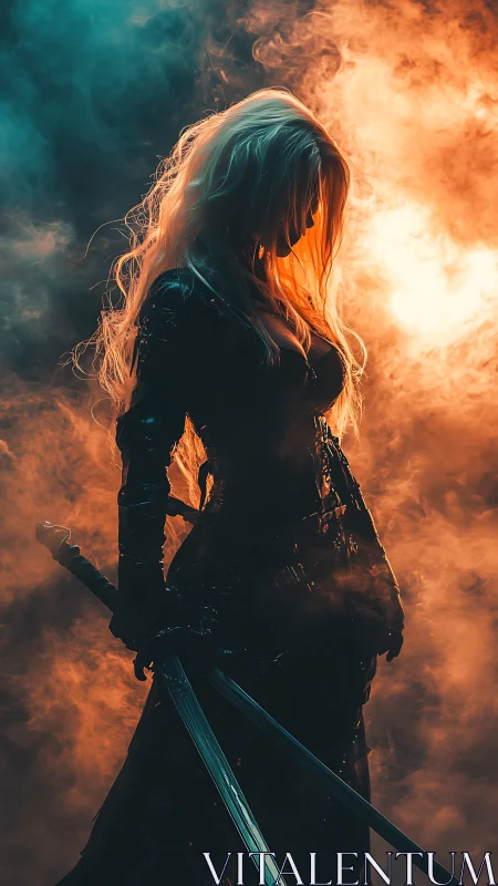 Warrior woman silhouette in colored smoke with sword drawn.