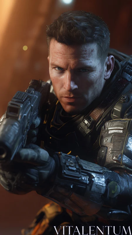 Battle-hardened space ranger steadies aim in molten glow