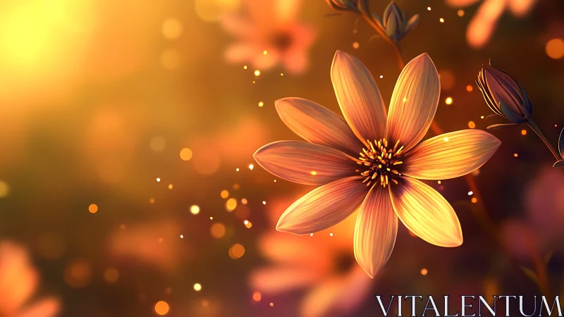 Radiant orange flower glows in dreamy sunset bokeh field.