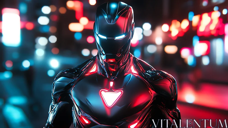 Neon armored hero glows boldly in a futuristic city night