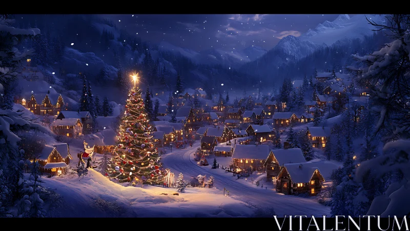Snowlit village circling a storybook Christmas colossus tree.