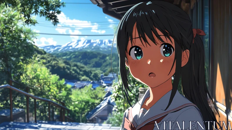 Summer hillside moment with surprised anime schoolgirl.