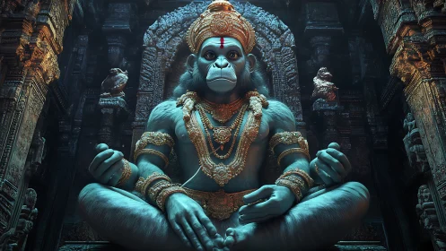 Divine simian guardian idol in ornate stone shrine.