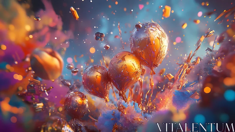 3D abstract balloons with molten metallic textures in motion.