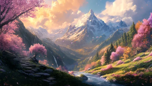 Digital painting of alpine blossom valley with luminous sunset sky.