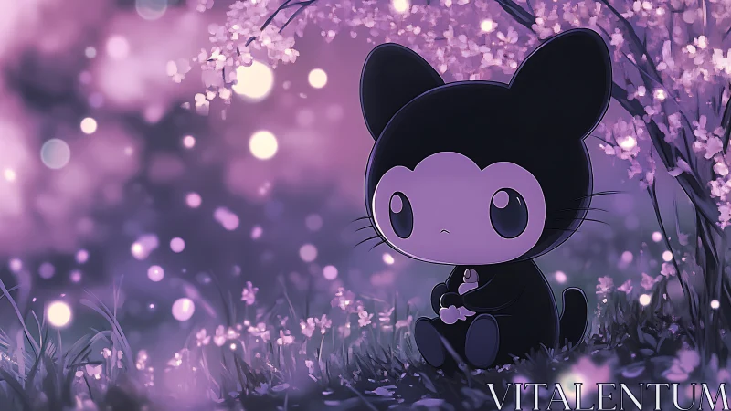 Melancholic chibi cat rests beneath dreamy violet blossoms