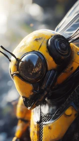 Cybernetic bee exosuit close-up in high-detail 3D render.