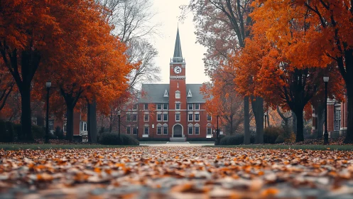 Historic brick campus hall framed by vivid autumn trees.