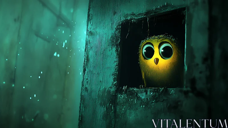 Glow-eyed owl peeks from a weathered window into the dark