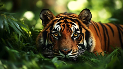 Tiger lying low in dense green jungle foliage.