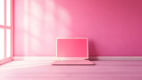 Monochrome pink laptop on floor by sunlit window wall