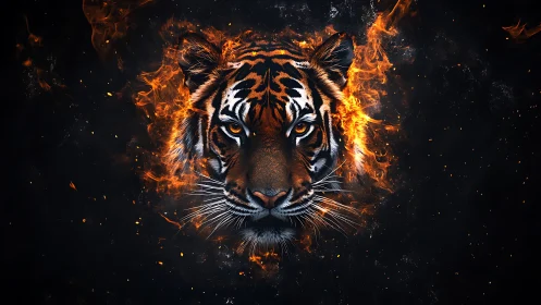 Hyper-detailed tiger portrait emerging through dynamic volumetric flames