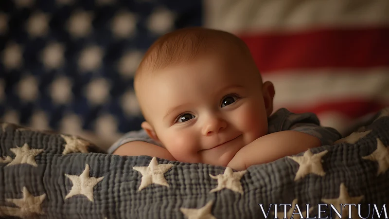 Infant positioned against American flag backdrop with star textile
