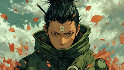 Storm-eyed wanderer in swirling autumn battle calm.