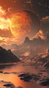 Cratered planetary body over rugged orange landscape.