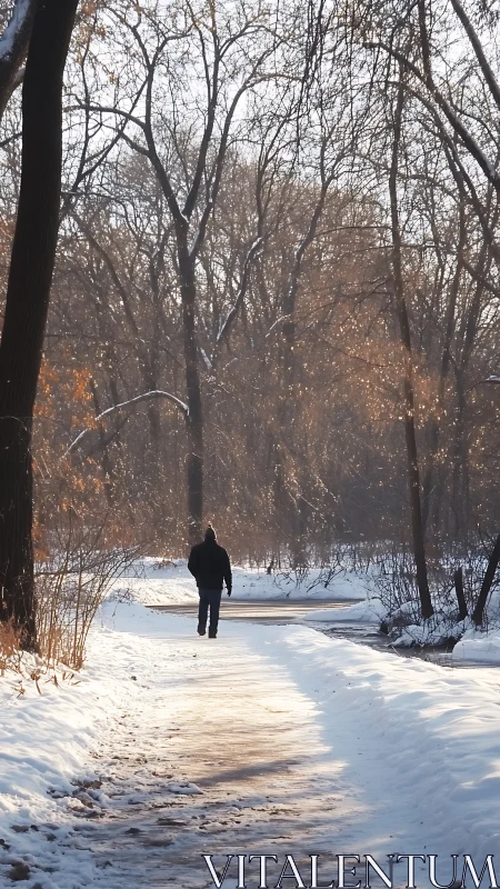 Solitary figure on snowy forest path in winter sunlight.