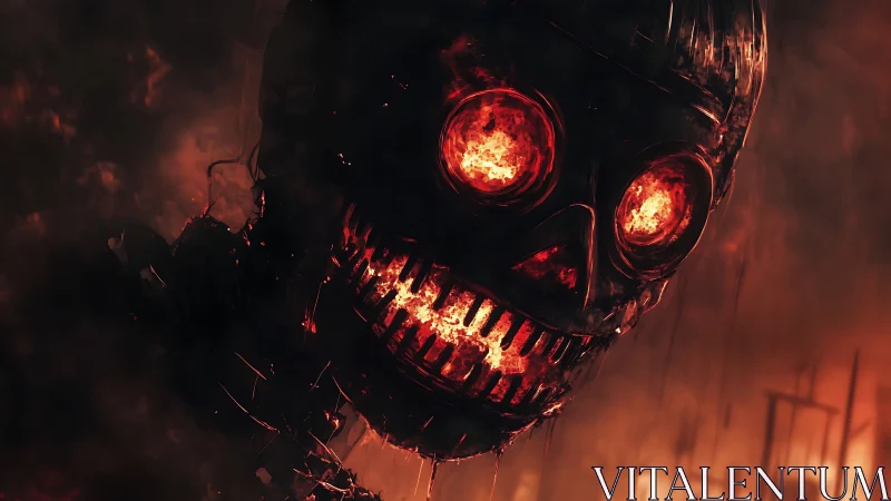 Burning metal skull with glowing eyes in fiery darkness.