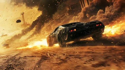 Armored muscle car drifts through fiery urban wasteland