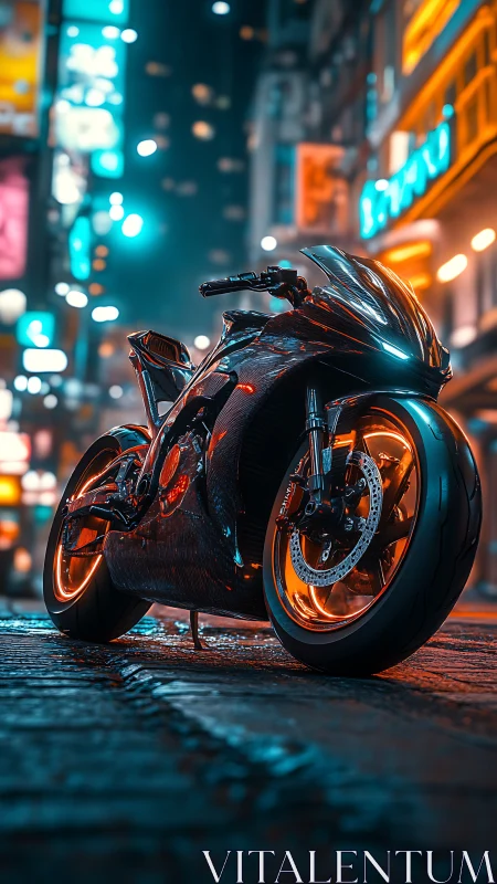 Neon-clad cyberbike prowls through rain-slicked city glow.