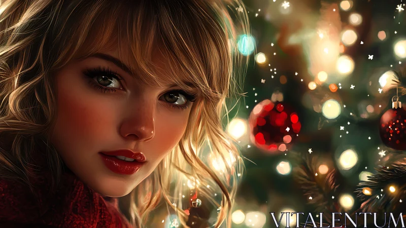 Winter starlight girl beside glowing Christmas bokeh tree.