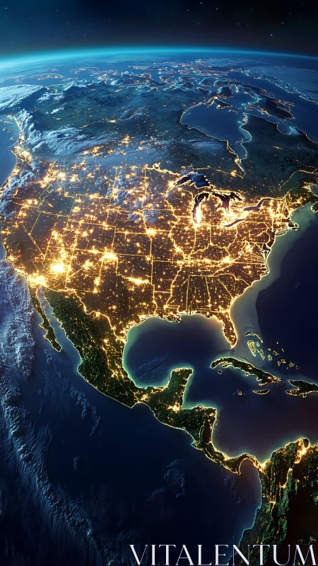 North America from space at night with glowing city lights.