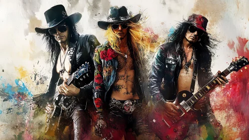 Cowboy rock trio shredding through a storm of molten color.