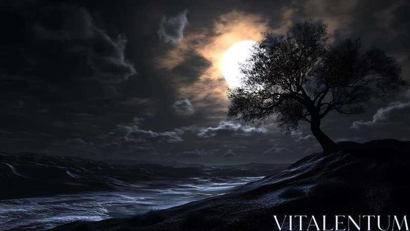 Lone shoreline tree silhouettes under expansive full moon