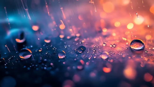Macro raindrop abstraction in neon bokeh gradient lighting.